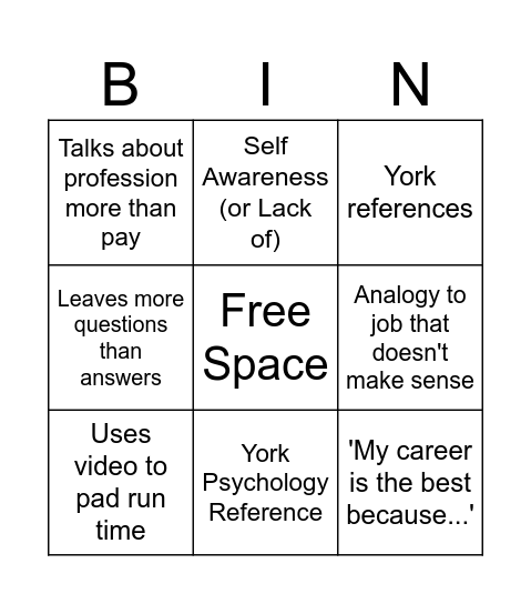 Career Day Bingo Card