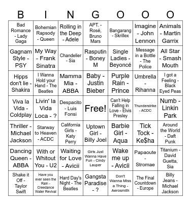 Top 100 songs Bingo Card