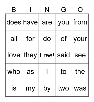 Heart Word Bingo Card