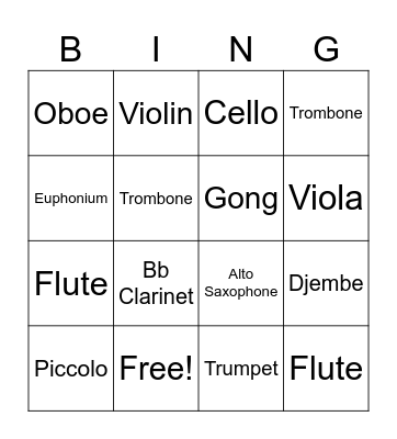 Instrument Families Bingo! Bingo Card