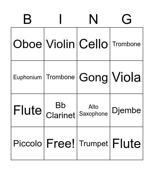 Instrument Families Bingo! Bingo Card