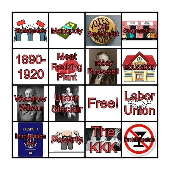 Progressive Era Vocabulary Bingo Card