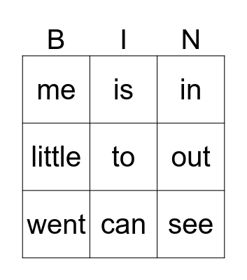 Sight words Bingo Card