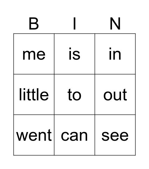 Sight words Bingo Card