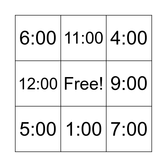 Digital time Bingo Card