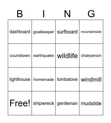 Compound Words Bingo Card