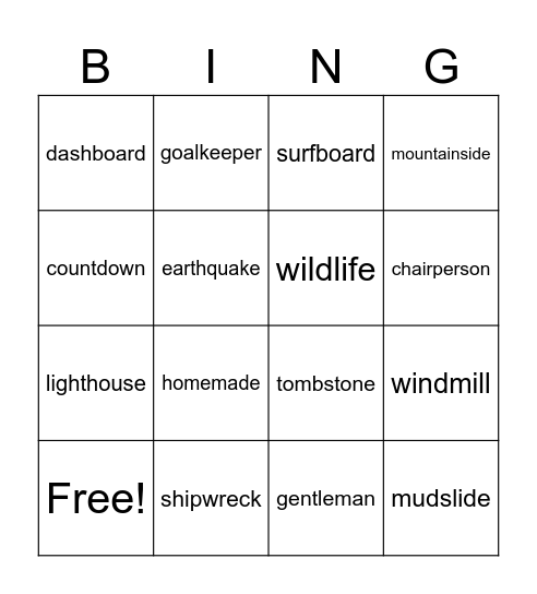 Compound Words Bingo Card