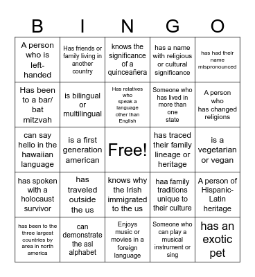 cultural bingo Card