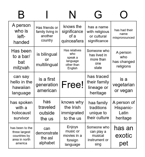 cultural bingo Card