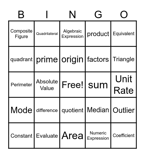 OST Math Vocab Review Bingo Card