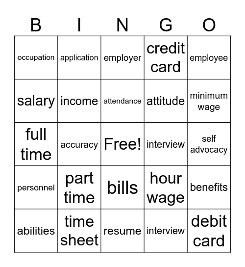 Job Skills Vocabulary Bingo Card