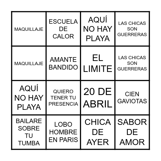 GRANDEZ ÉXITOS DE LOS 80 Bingo Card