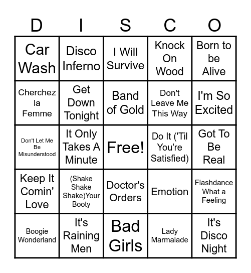 Disco Bingo Game 1 Bingo Card
