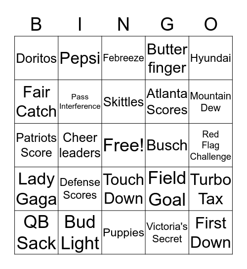 Super Bowl 2017 Bingo Card