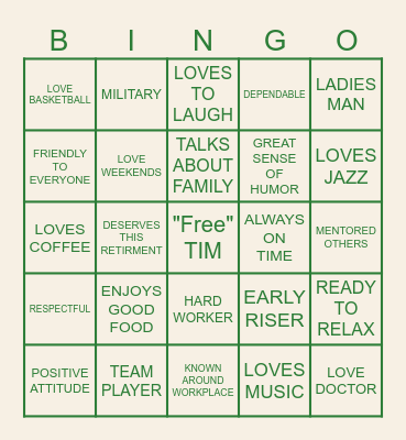 TIM'S RETIREMENET BINGO Card