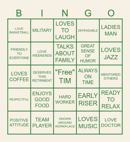 TIM'S RETIREMENET BINGO Card