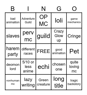 isekai anime Bingo Card