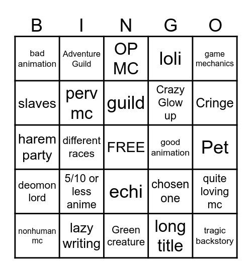 isekai anime Bingo Card