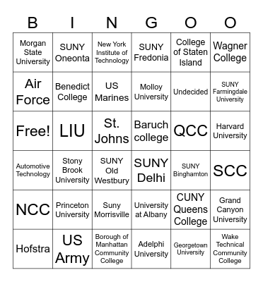 College Bingo Card