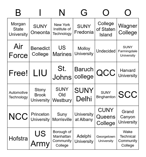 College Bingo Card