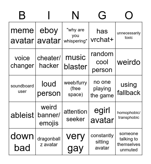 VR Chat bingo Card