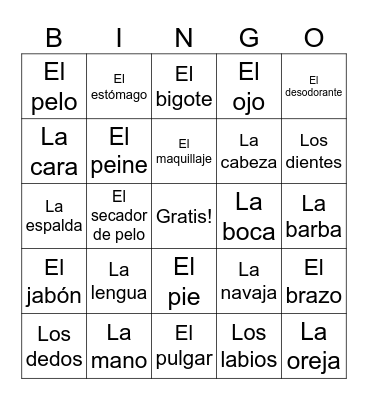 Toiletries and Body Bingo Card