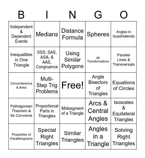 Geometry Review Bingo Card