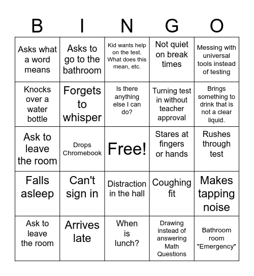 MAP Testing Bingo Card
