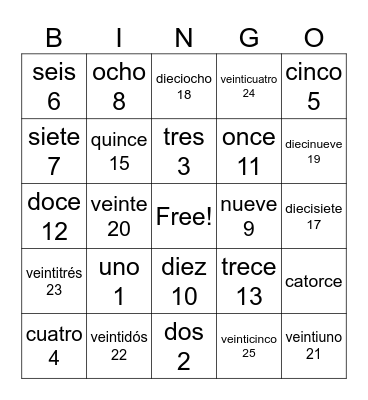 Español Números with Palabras BINGO Card
