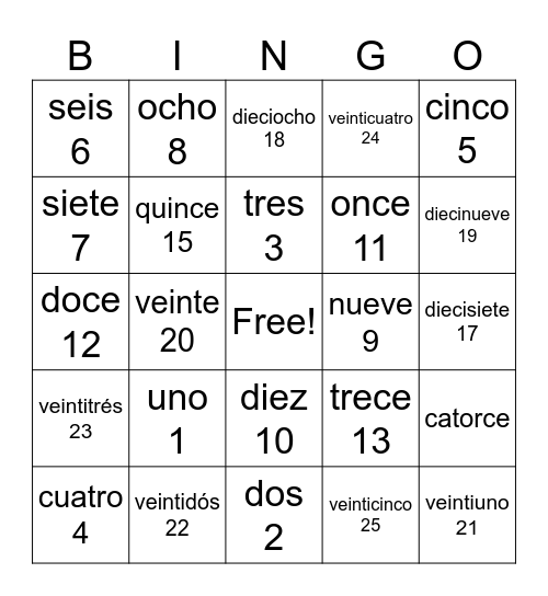 Español Números with Palabras BINGO Card
