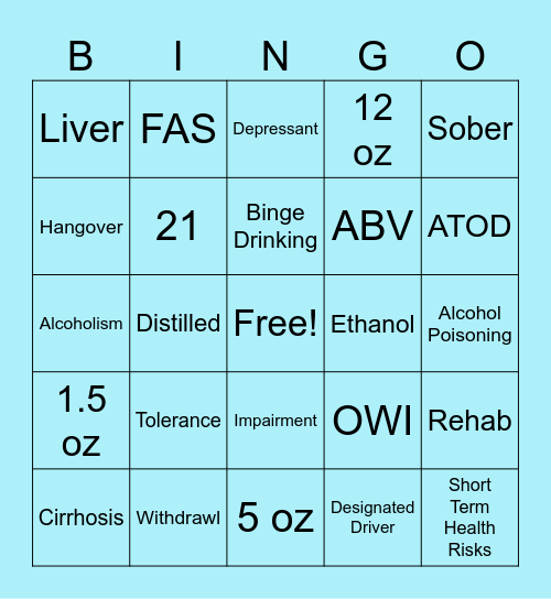 Alcohol Bingo Card