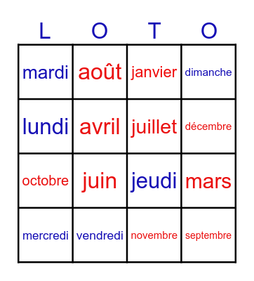 Les Jours et Les Mois Bingo Card