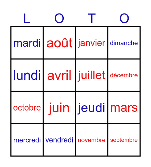 Les Jours et Les Mois Bingo Card