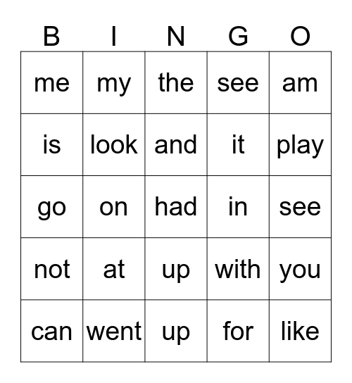 Sight Words Bingo Card