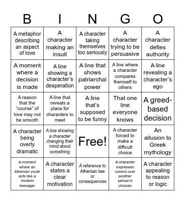 A Midsummer Night's Dream Act I Bingo Card