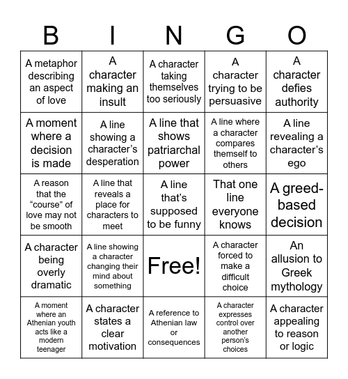 A Midsummer Night's Dream Act I Bingo Card