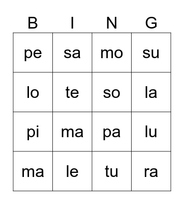 Bingo de silabas Bingo Card