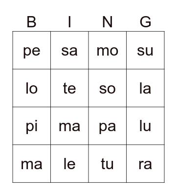 Bingo de silabas Bingo Card