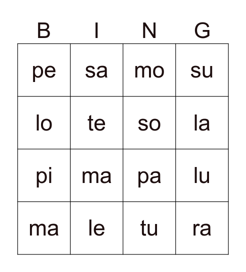 Bingo de silabas Bingo Card