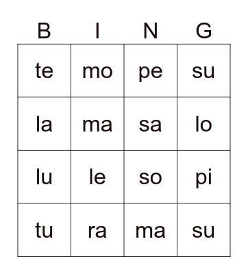 Bingo de silabas Bingo Card