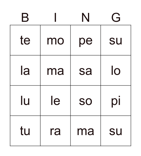 Bingo de silabas Bingo Card