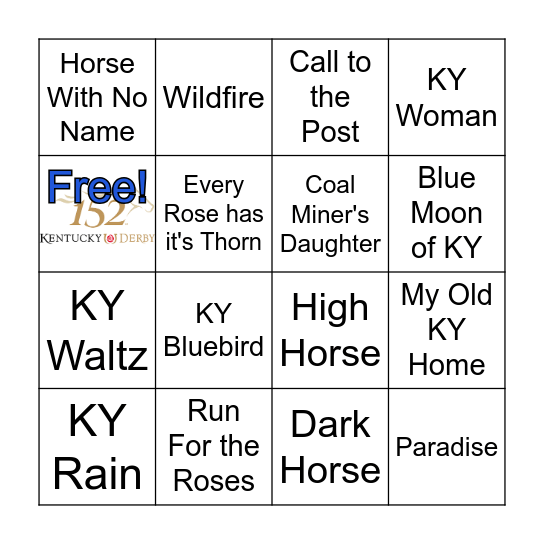KY Derby Music Bingo Card