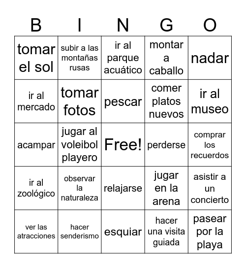 Sp 2 U10 Mis vacaciones Bingo Card