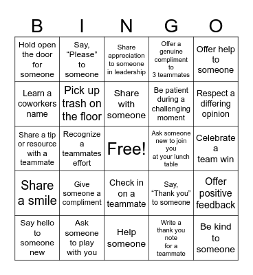 Kindness Bingo Card