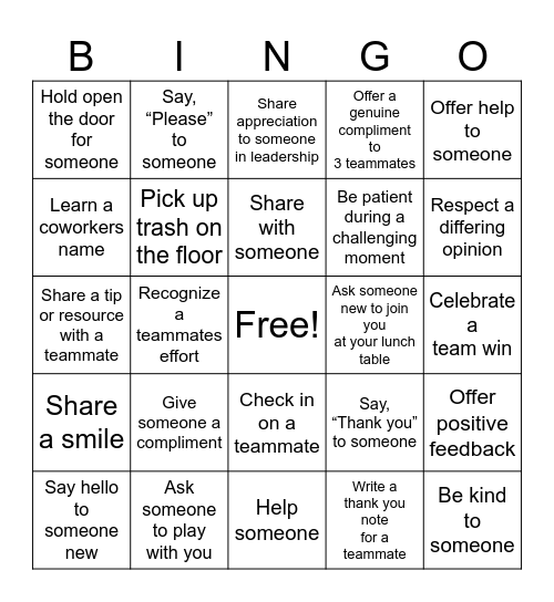 Kindness Bingo Card