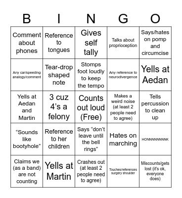 Bridge Band Bingo Card