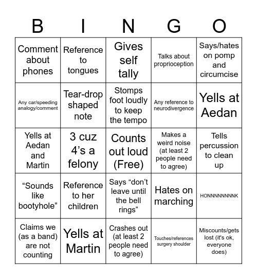 Bridge Band Bingo Card