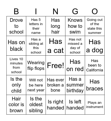 End of School Year Bingo Card