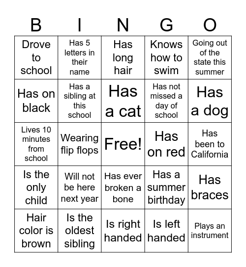 End of School Year Bingo Card