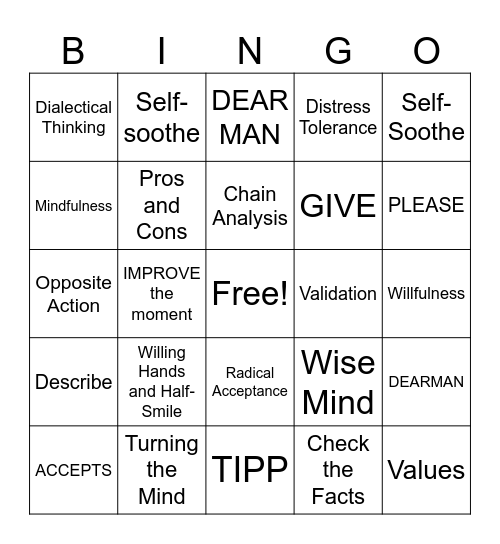 DBT Skills Bingo! Bingo Card